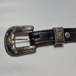 Western Handmade Black Leather Belt Hand Engraved Western Buckle Size 42 Bullard